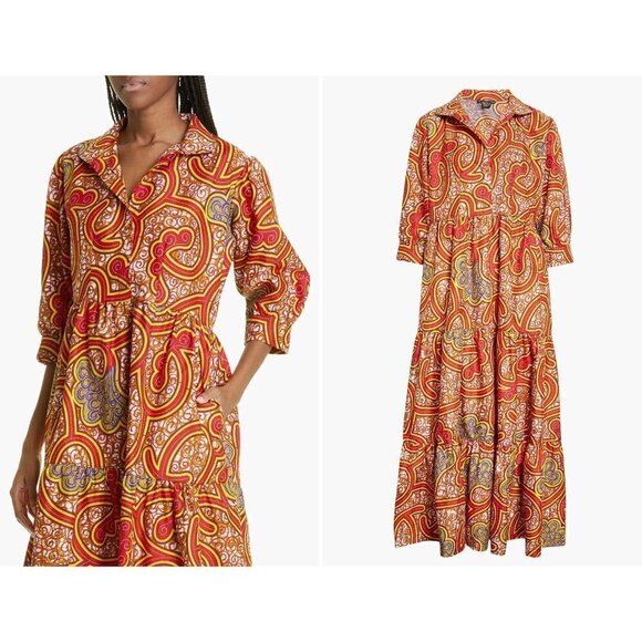 New The Oula Company Size M Print Tiered Maxi Dress Red Yellow - Picture 3 of 13